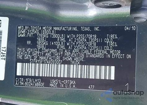 2010 Toyota Tundra Grade 5.7L V8 z USA, uszkodzony, nr VIN 5TFRY5F17AX093007